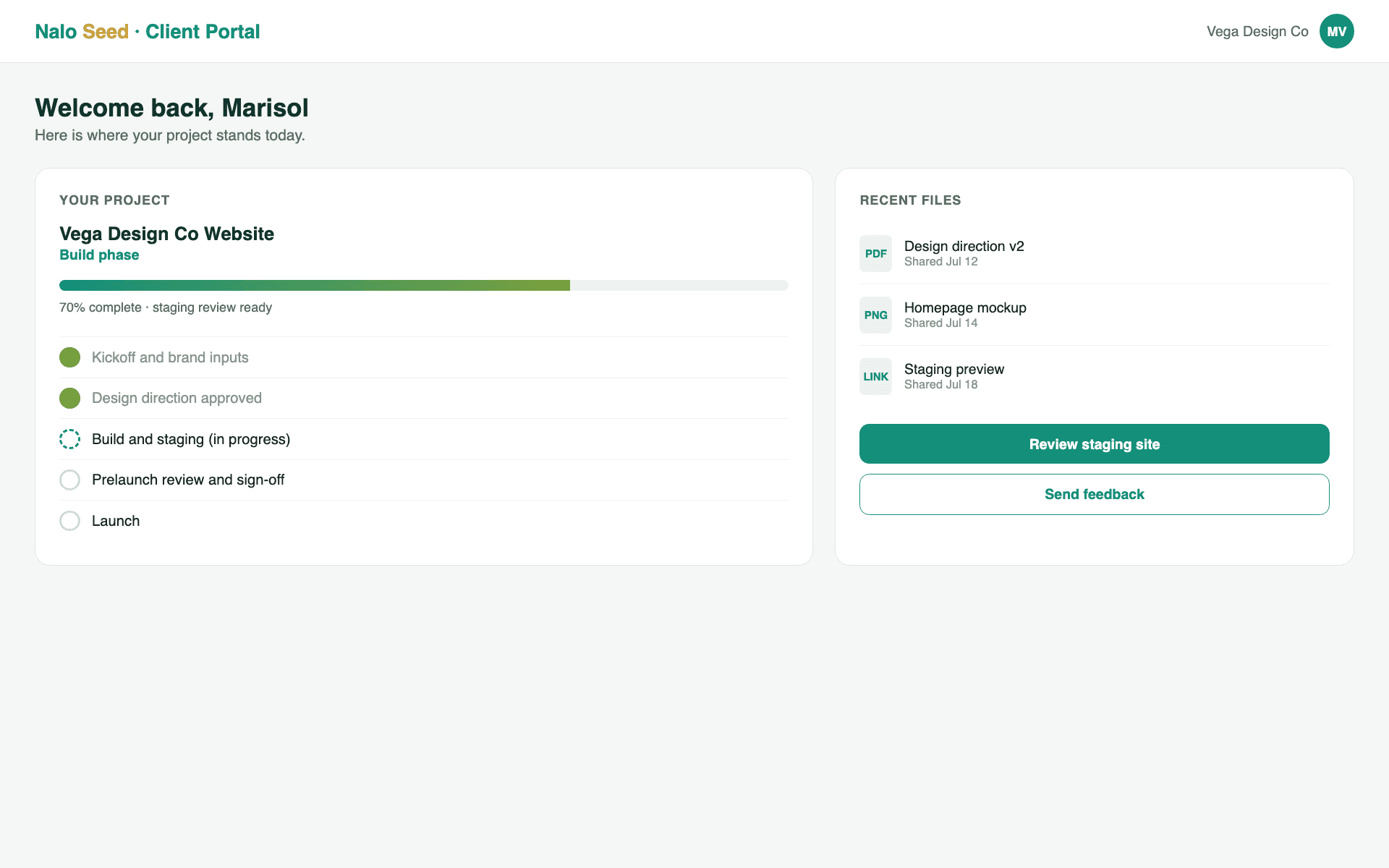 The Nalo Seed client portal, showing a project and its status