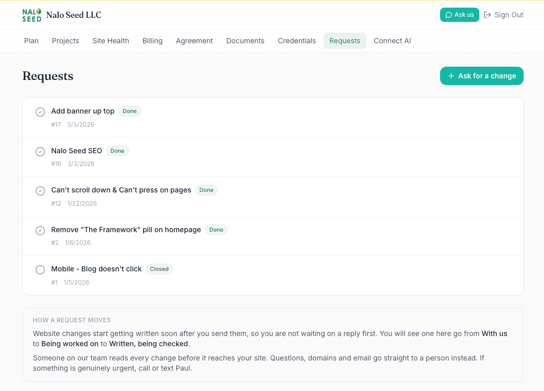 The requests page in the client portal: each change a client asked for, its number, its date and whether it is done, above a panel explaining how a request moves